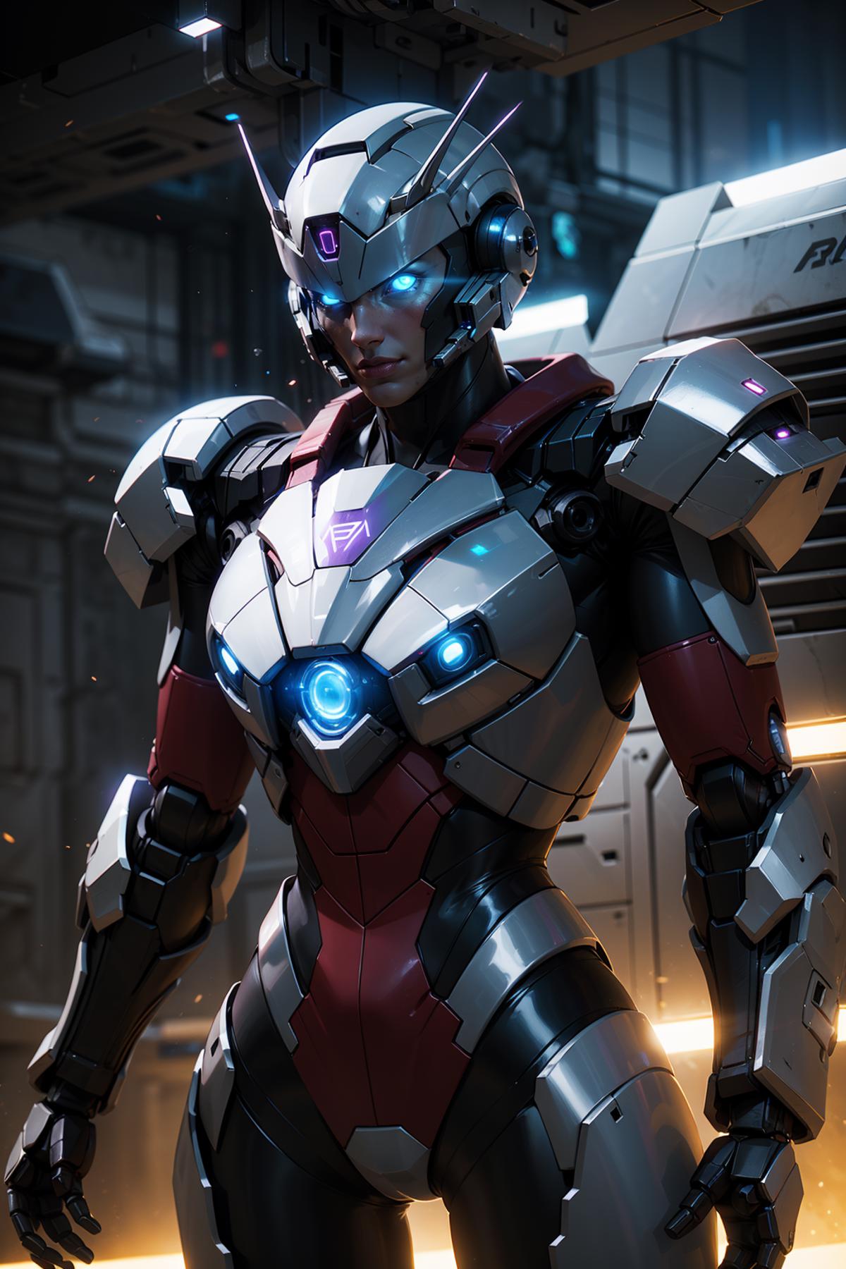 A futuristic robot with a red and silver suit, standing in front of a wall.