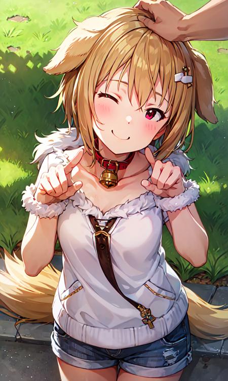 mirai kasuga (million live), (best quality, 8K, masterpiece, ultra detailed:1.2), day, dappled sunlight, street, outdoors,
1girl, solo, cute, sexy, slight smile, closed eyes, innocent, neck bell, dog girl, (dog ears), dog tail, animal collar, plump, (from above, portrait, headpat, looking at viewer, head tilt), fur-trimmed sleeves, fur-trimmed gloves, fur-trimmed shorts, paw pose, bone print, standing, one side up