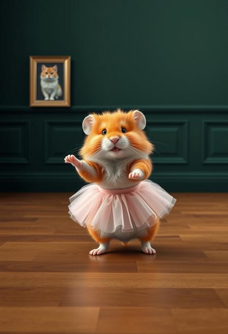 <lora:funnys>, This is a high-resolution, CGI-rendered photograph of a fluffy, orange and white hamster dressed in a ballet tutu. The hamster is depicted mid-ballet pose, with one paw raised elegantly in the air, and the other firmly planted on the floor. The tutu is a soft, pastel pink, adding a whimsical and playful element to the image. The hamster's fur is meticulously detailed, showcasing its fluffy texture and the intricate patterns of its fur, including the distinctive markings on its face., 
The background features a dark green wall with elegant wainscoting, adding a classic and sophisticated atmosphere to the scene. On the wall to the left, there is a framed photograph of another cat, which adds to the whimsical and humorous theme of the image. The floor is made of polished, dark wooden planks, which contrast with the light colors of the cat and tutu. The overall composition and lighting create a warm and inviting environment, emphasizing the playful and humorous nature of the scene. The image captures the essence of a hamster's natural grace and charm, combined with a whimsical, human-like pose and attire, making it a humorous and endearing portrayal.