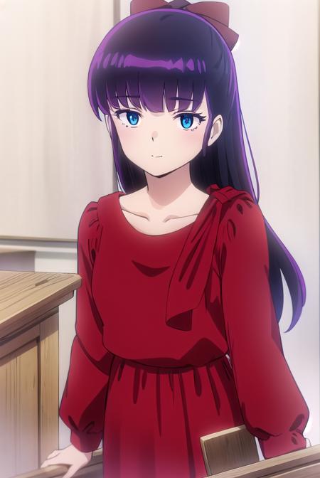 ryoukomendou, <lora:ryouko mendou s1-lora-nochekaiser:1>,
ryouko mendou, long hair, blue eyes, purple hair, bow, hair bow, mole, mole under eye, smile,
BREAK dress, red dress, collarbone, long sleeves,
BREAK indoors, classroom,
BREAK looking at viewer, (cowboy shot:1.5),
BREAK <lyco:GoodHands-beta2:1>, (masterpiece:1.2), best quality, high resolution, unity 8k wallpaper, (illustration:0.8), (beautiful detailed eyes:1.6), extremely detailed face, perfect lighting, extremely detailed CG, (perfect hands, perfect anatomy),