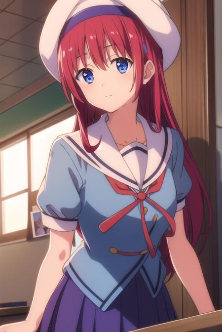 kotorishirakawa, <lora:kotorishirakawatest:1>,
kotori shirakawa, long hair, blue eyes, red hair,  (small breast:1.2),
BREAK skirt, hat, school uniform, short sleeves, socks, puffy sleeves, puffy short sleeves, beret,
BREAK looking at viewer,
BREAK indoors, classroom, 
BREAK <lora:GoodHands-vanilla:1>, (masterpiece:1.2), best quality, high resolution, unity 8k wallpaper, (illustration:0.8), (beautiful detailed eyes:1.6), extremely detailed face, perfect lighting, extremely detailed CG, (perfect hands, perfect anatomy),