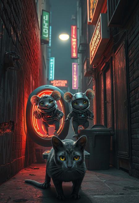 Two tiny mice, dressed in high-tech, advanced spacesuits with glowing visors and futuristic gadgets, are stepping out of a small, sleek alien spacecraft. Their faces are lit with excitement and wonder as they eagerly anticipate meeting Earth's inhabitants. However, they’ve mistakenly landed in a gritty, dimly lit urban alleyway with a few neon signs casting light . The walls are covered in graffiti, and trash bins line the narrow space. Emerging from the shadows, an alley cat with a muscular physique, sleek fur and piercing gold and green eyes is poised to pounce, toward the unsuspecting mice. The scene is illuminated by a flickering streetlight neon and neon signs, casting eerie shadows across the alley., architecture, fashion, poster, 3d render