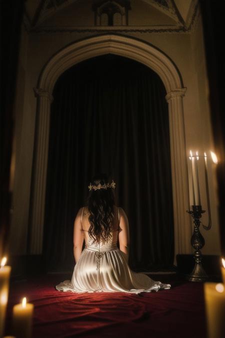 RAW photo, 8k uhd, dslr, high quality, ultra-realistic, realistic, realism, film grain, Fujifilm XT3.
View from behind, dark mansion, gothic-sacrificing alter, room lit by candles, golden chalice, blood spilling out, 1woman wearing a satin white dress, voluptuous body, kneeling,