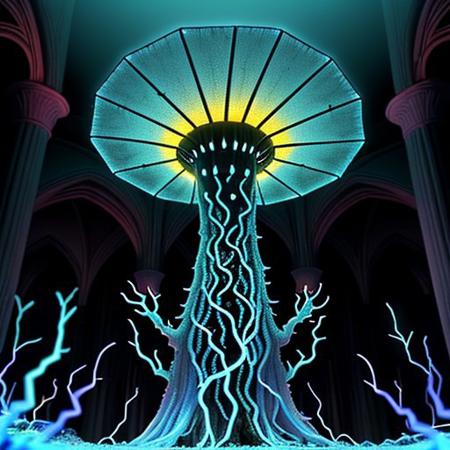 Create a 3 minutes video for YouTube about Kleptoparasi King of all Calamities  An eerie mushroom cathedral, its bioluminescent interior casting a soft, ethereal glow. The walls and ceiling are lined with cracked, glowing blue veins that mimic the intricate patterns of shattered glass, hinting at the presence of archaea and bacteria. In the center of this mystical space, a Kleptoparasi is a mixes of archaea/bacteria/mushroom/parasite/fungi a living virse humanoid entity, stands tall with its translucent bioluminescence glass like skin revealing a complex network of neon glowing veins in the same electric blue hue. Its eyes are two piercing dots of light that seem to pulse in sync with the surrounding fungal structure. The creature wears tattered robes made from what appear to be discarded membrane scraps, giving it an otherworldly, yet strangely organic appearance. As it steps into the heart of the cathedral, its veins flare up in a symphony of colorful flames—purple, teal, yellow, green, red, orange, and pink—manifesting its Kleptoparasitism Striker form. Its hands are now engulfed in a fiery dance of multiple hues, each flame representing a different type of energy stolen from various hosts. The parasite's posture is one of determination, its eyes focused on the horizon of the mushroom forest beyond, symbolizing its relentless pursuit of new life to infect and adapt to. The scene is a mesmerizing blend of beauty and horror, showcasing the delicate balance of life