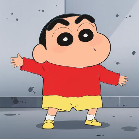 Shin-chan, 1malechild,  red shirt,long sleeves,  yellow shorts,  socks,yellow footwear,
