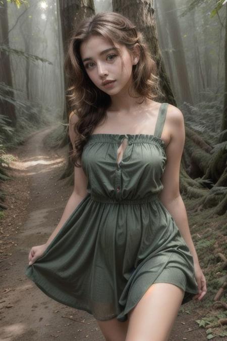 portrait photo of a Ally, blonde curly hair, pale skin, freckles, ( green dress:1.2), innocent, forest, fog, leaves in the air, NSFW, <lora:picxer_real:0.6> <lora:MIOAG1A:1>