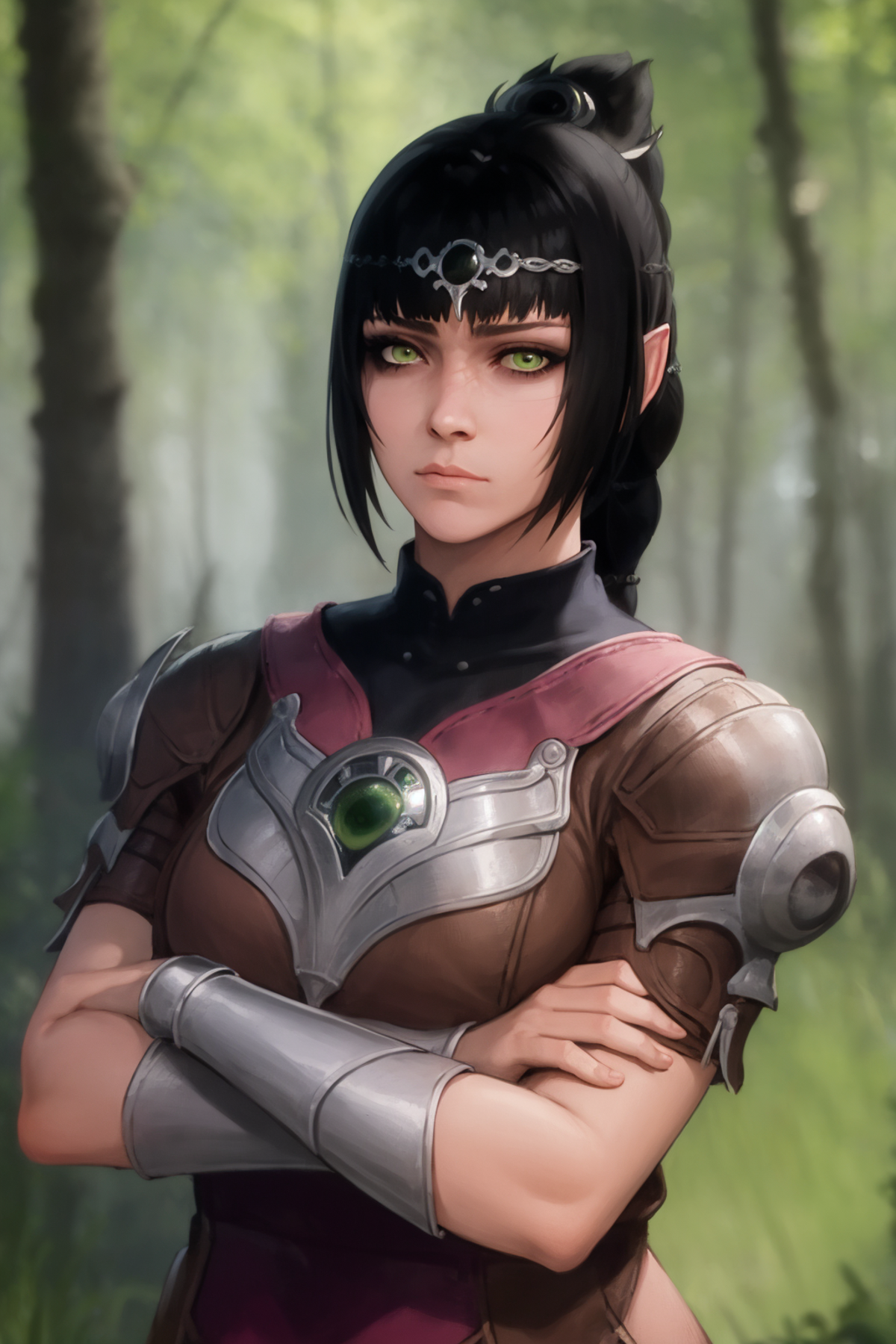 masterpiece, best quality, 1girl, shadowheart, black hair, braided ponytail, green eyes, circlet, crossed arms, emotionles...