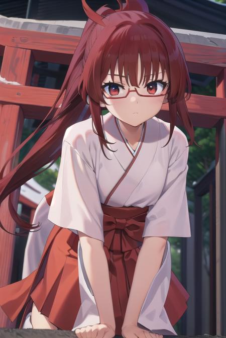 tomoekarijuku, <lora:tomoekarijukutest:1>, tomoe karijuku, long hair, (red eyes:1.1), ponytail, red hair, glasses, semi-rimless eyewear, red-framed eyewear,
BREAK skirt, japanese clothes, hakama, hakama skirt, miko, red hakama,
BREAK looking at viewer,
BREAK outdoors, shrine,
BREAK <lora:GoodHands-vanilla:1>, (masterpiece:1.2), best quality, high resolution, unity 8k wallpaper, (illustration:0.8), (beautiful detailed eyes:1.6), extremely detailed face, perfect lighting, extremely detailed CG, (perfect hands, perfect anatomy),