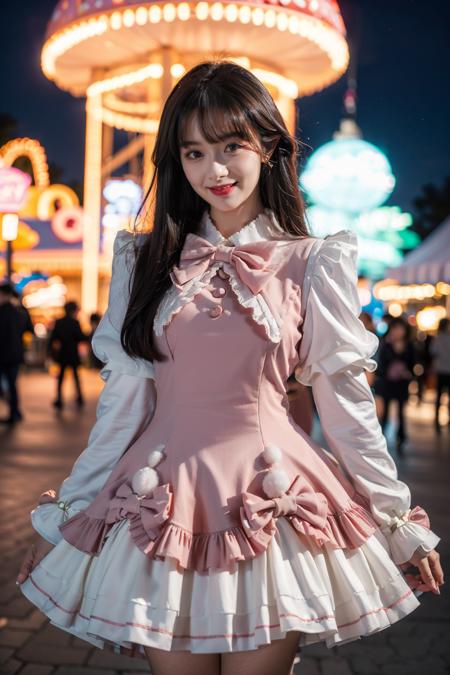 best quality, masterpiece, photorealistic, 1girl, solo, long straight black hair, blunt bangs, looking at viewer, smile, cowboy shot, standing, cyb dress, pink dress, long sleeves, puffy long sleeves, bow, amusement park, people, night, neon light, <lora:cute_dress_style1_v1:0.7>