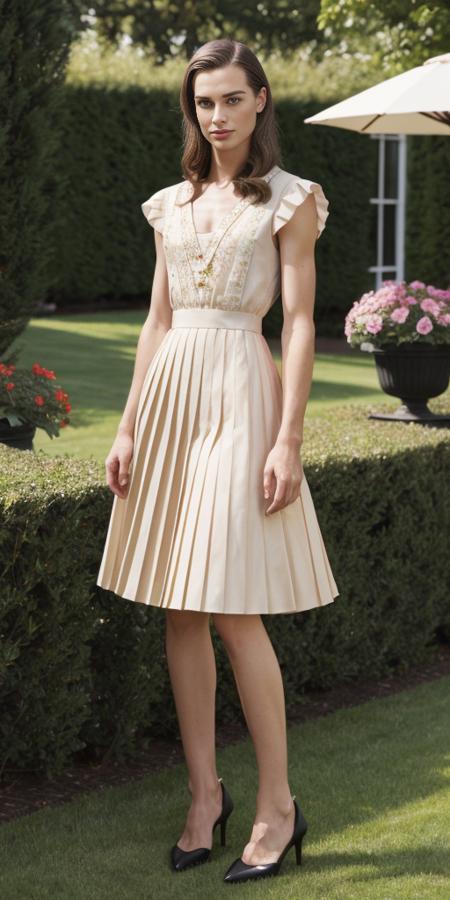 1940, small european male,( square jaw, pecs, male torso), long hair, ((flat chest)) feminine face  wearing an pleated dress,  heels,  detailed background, garden party