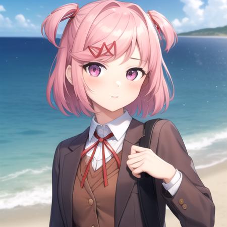 ((masterpiece)),(best quality),official art,extremely detailed CG,unity 8k wallpaper,ultra detailed,A lighthouse on a cliff by the sea,1girl,solo,upper body,(portrait:1.2),natsuki (doki doki literature club),pink hair,school uniform,white socks,blue skirt,short hair,red ribbon,hair ornament,pink eyes,pleated skirt,looking at viewer,brown jacket,hair ribbon,hairclip,long sleeves,two side up,blush,bangs,white shirt,neck ribbon,small breasts,white footwear,uwabaki,<lora:Natsuki(ddlc)>,