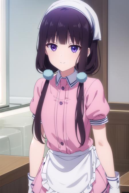 maikasakuranomiya, <lora:maika sakuranomiya s1-lora-nochekaiser:1>,
maika sakuranomiya, long hair, black hair, hair ornament, twintails, (purple eyes:1.1), low twintails, smile,
BREAK skirt, shirt, thighhighs, gloves, short sleeves, pleated skirt, frills, shoes, puffy sleeves, white gloves, black footwear, uniform, apron, white thighhighs, puffy short sleeves, zettai ryouiki, waist apron, white apron, pink skirt, pink shirt, frilled apron, waitress, head scarf,
BREAK indoors, restaurant,
BREAK looking at viewer, (cowboy shot:1.5),
BREAK <lyco:GoodHands-beta2:1>, (masterpiece:1.2), best quality, high resolution, unity 8k wallpaper, (illustration:0.8), (beautiful detailed eyes:1.6), extremely detailed face, perfect lighting, extremely detailed CG, (perfect hands, perfect anatomy),