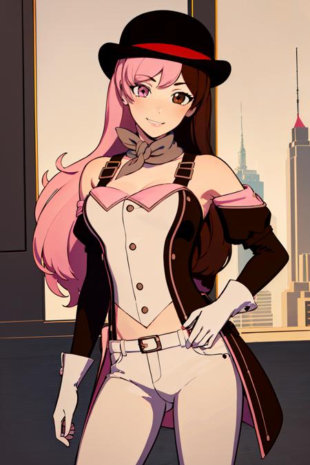 Neopolitan_RWBY,  pink hair, brown hair, split-color hair, brown eyes, pink eyes, white pants, white gloves,  (maid outfit:1.5, skirt, thighighs), (twintails),