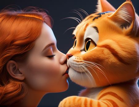 cinematic film still Close up, a Pixar-style (little girl kisses a very huge Orange Garfield cat:1. 2) with an outfit made of cheese only, the cat body bigger than the girl, in an anime style, in the style of zbrush, i can't believe how beautiful this is,peacefull, realistic renderings of the human form, pseudo-realistic, luminous palette, minimalist illustrator, realistic figures, imagination, visual impact, Unreal Engine 5 rendering, skin subsurface scattering, high sampling, high pixel count, extreme facial detail, AAA level, film lighting, expensive commercial retouching, commercial post production studio lighting, 3D animation style, field effect, 8K . shallow depth of field, vignette, highly detailed, high budget, bokeh, cinemascope, moody, epic, gorgeous, film grain, grainy