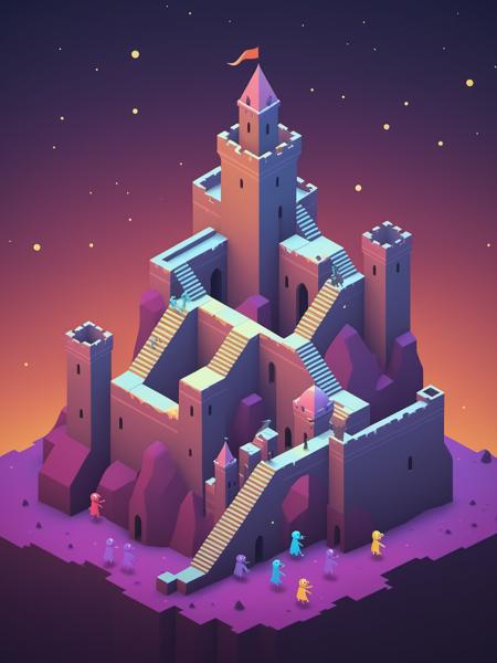 video game monument valley style, A fortress, surrounded by zombies,  stairs, gradient background, Night, starry sky, <lora:Monument Valley style:0.6>,
masterpiece, best quality, 4k, 8k, highres, high resolution,