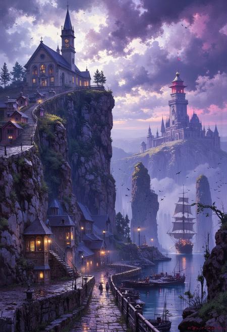 mythp0rt, ArsMJStyle, impressionism, extremely detailed, smooth and sharp, ultra realistic ominous and dark, deep shadows , over the small port town, small river nearby, extremely vertical rocky cliffside, tall church on top of the cliff, docks with wooden ships, busy skies before the storm, clouds are dense and huge, wires and pipes on the ground, huge red and white lighthouse casting shadow on the water, dense clouds, intricate rocky pthways,  whole picture is filled with crows and raindrops, purple and blue and white desert scene, desolate, intricate and detailed,