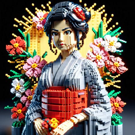 LEGO EXPERT SET, Voxel sculpture of a beautiful Japanese woman looking at the viewer, the woman is made of LEGO bricks, detailed and epic 3D rendering, 4k, high definition, volumetric textures, micro-blocks