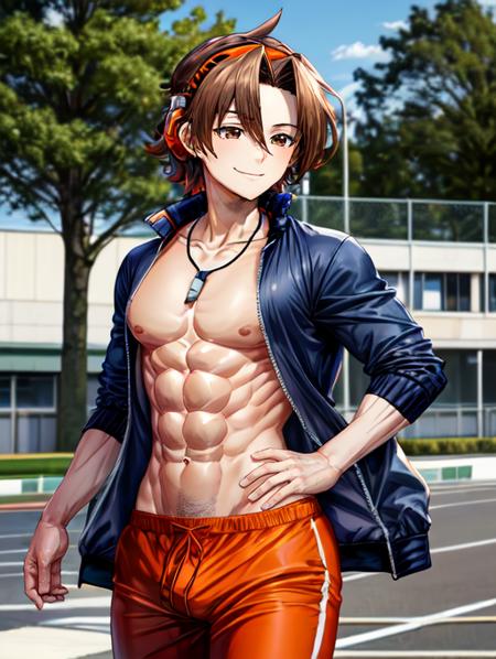 best quality, masterpiece, highres, detailed, perfect anatomy,  <lora:Detail - more_details:0.2>, PETeacherCh, <lyco:PEteacher-10:0.8>, 1man, school, sports jacket, open jacket, naked jacket, whistle around neck, track pants, AsakuraYoh, brown hair, brown eyes, orange headphones, outdoors, <lora:Character - AsakuraYoh:0.75>, smile, abs,