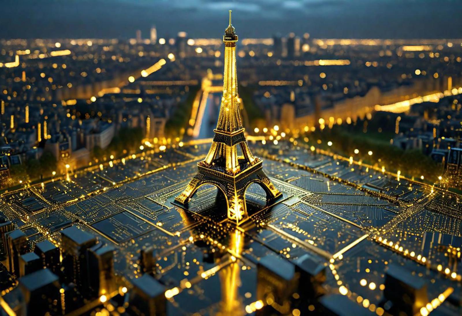 Illuminated Eiffel Tower in Paris, France at Night
