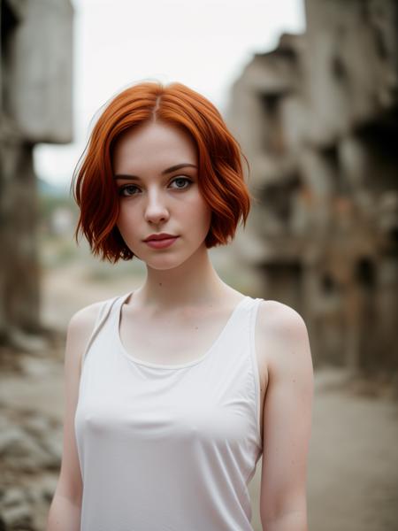 RAW photo, a close up portrait photo of 30 y.o woman in wastelander clothes, redhair, short haircut, pale skin, slim body, background is city ruins, (high detailed skin:1.2), 8k uhd, dslr, soft lighting, high quality, film grain, Fujifilm XT3