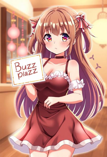 A cute anime girl with large breasts wearing a dress holding a sign saying "Buzz please.""