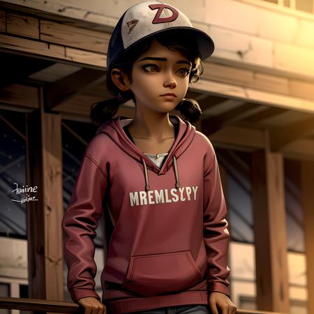 ((masterpiece, best quality)),(complex lighting) , solo,1girl,upper body, clementine,  dark skin,dark-skinned female,  <lora:ClementineWalkingDead1-10:0.8>, baseball cap, jeans, shirt,long sleeves, short twintails, hoodie,