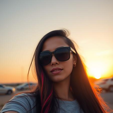 woman portrait,20yo, mulatto latino appearance, sport sunglasses, black and red long hair style, background blurred, sunset in the background, sunny day