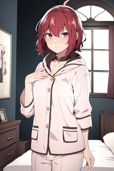 malori, 1girl, red hair, purple eyes, bangs, short hair, brown skirt, hood down, detached sleeves,dress, 