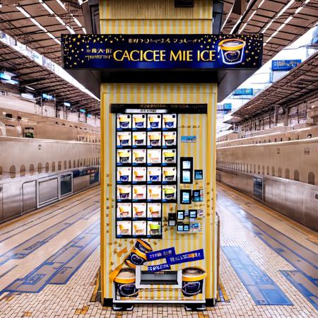 STOKYO, vending machine, scenery, outdoors, scenery, shop, train station, english text, tiles, food, tile floor, convenience store, sign, indoors, realistic, outdoors, building, ice cream