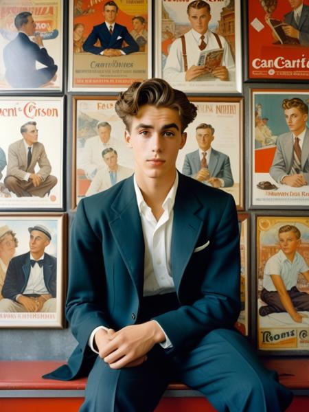 <lora:04Vintageillustration_Hap_XL:3.3>,Norman Rockwell style, a young man in a formal outfit seated against a backdrop of vintage posters, dreamy expression, thick eyebrows, tousled hair, 20-25 years old, european, candid analog film photography, inspired by henri cartier-bresson, best quality,