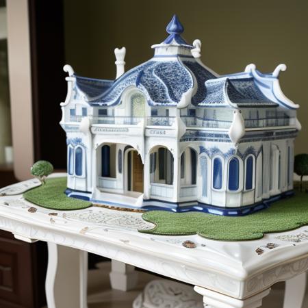 a (bwporcelaincd, porcelain, shiny:1.2) villa, building model, (solo:1.2), <lora:bwporcelaincd-000015:0.8>, no humans, high quality, masterpiece, realistic, photorealistic, long-focus, (indoors, on table:1.2)