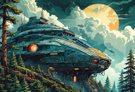 book cover, Retro futuristic Image, a huge spaceship (long abandoned) in a fir tree forest, half buried, sharp, high detailed, realistic,