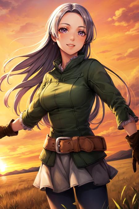 chrissk, 1girl, solo, long hair, green jacket, gloves, belt, skirt, pants, floating hair, field, sunset, orange sky, smile, parted lips,  <lora:chrisarm_V1-12:0.7>