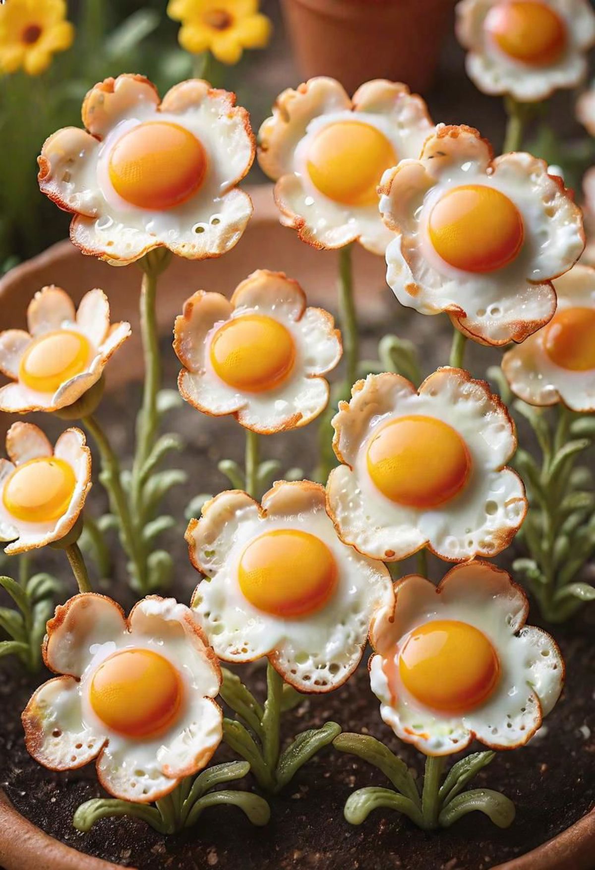 A group of hard boiled eggs artfully arranged to look like flowers, displayed in a bowl.