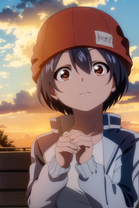 fuukoizumo, <lyco:fuuko izumo s1-lyco-nochekaiser:1>,
fuuko izumo, black hair, hair between eyes, (brown eyes:1.5), short hair,
BREAK shirt, white shirt, jacket, open jacket, pants, denim, beanie, (red beanie:1.2),
BREAK outdoors, city, sky, clouds, sun,
BREAK looking at viewer, (cowboy shot:1.5),
BREAK <lyco:GoodHands-beta2:1>, (masterpiece:1.2), best quality, high resolution, unity 8k wallpaper, (illustration:0.8), (beautiful detailed eyes:1.6), extremely detailed face, perfect lighting, extremely detailed CG, (perfect hands, perfect anatomy),