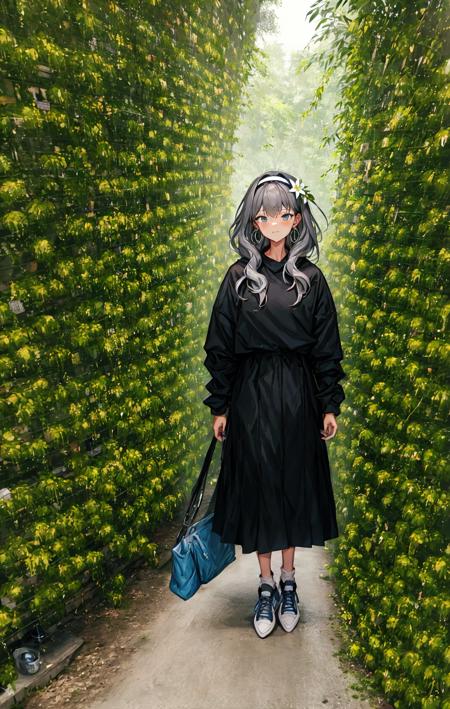 1girl, bag, bamboo, bangs, black_footwear, black_legwear, black_skirt, branch, brick_wall, building, bush, cactus, closed_mouth, day, earrings, flower, flower_pot, full_body, grass, grey_hair, hair_between_eyes, hairband, holding, holding_bag, hoop_earrings, ivy, jewelry, leaf, lily_\(flower\), long_hair, long_sleeves, looking_at_viewer, nail_polish, outdoors, overgrown, palm_tree, plant, pleated_skirt, potted_plant, red_nails, shoes, sign, skirt, sleeves_past_wrists, sneakers, socks, solo, spring_onion, standing, sweater, tanabata, tanzaku, tree, tulip, vegetable, vines, watering_can<lora:style_LM7:1>