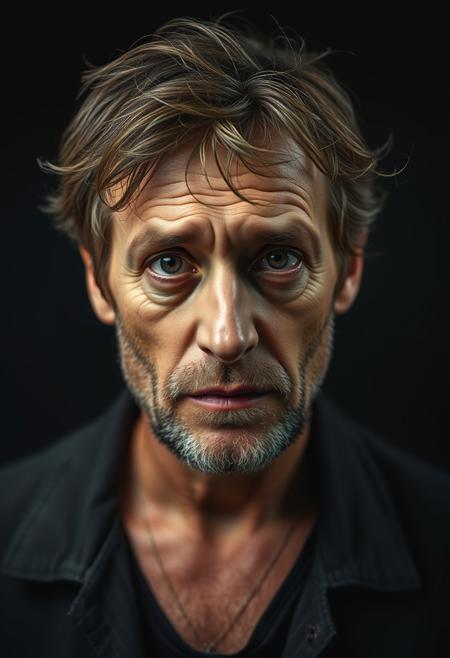 Emotional portrait photograph of a middle aged European man saddened by the realization of a wasted life. He looks disheveled with unkempt hair and beard stubble. He does not manage to control his despair and tear roll on his face.
The portrait is lit like a Rembrandt masterpiece with a pitch black backdrop.
A caption under the picture reads "too ugly for OF. Wasted life on Waifus. I need help."