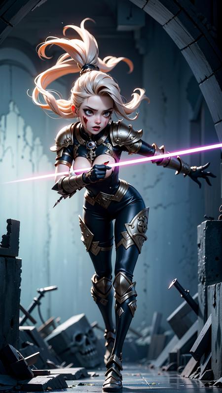 Full body shot,(photorealistic, realistic),masterpiece,absurdres,highres,high quality,ultra detailed,beautiful and aesthetic,horror (theme),1 woman,dynamic pose,shiny skin,lovely face,(holding weapon),enchanted armor,ancient,intricate details,expressive drips,(energetic movement),(sense of depth),glowing aura,in the depths of a gloomy dungeon,illuminated by divine light,(perfect lighting),(mysterious scenery),magical lighting,skull,blood,blood splatter,