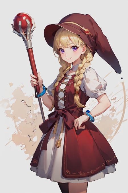 (masterpiece, best quality:1.2), <lora:dq11_veronica-10:1>, cowboy shot, solo, 1girl, veronica \(dq11\), smile, closed mouth, looking at viewer, (holding staff:1.2), red hat, purple eyes, red dress, puffy short sleeves, jewelry, bracelet