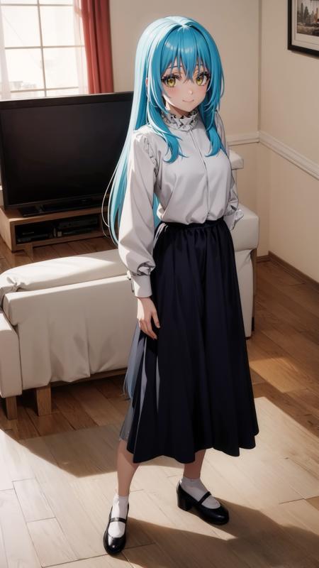 (masterpiece,  best quality),  ray tracing,  absurdres,  HDR, rimuru tempest, coleus, light blue hair, 1girl, long hair, yellow eyes, breasts,cowboy shot, looking at viewer, ,smile, long sleeves,  bangs, standing ,, closed mouth, skirt, hair between eyes, long skirt, solo,Mary Jane shoes, full body,blush,indoors,living room,,<lora:rimuru coleus_v2:0.8>