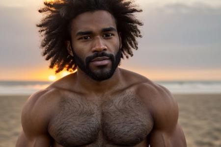 A close-up photo of a handsome hairy fit black man, on the beach, looking the viewer, sunrise, curly hair