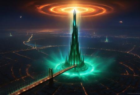 In the vast cosmos, an iridescent nebula illuminated a lone planet, a sapphire and emerald gem shimmering with refracted light. Upon its surface, two cities sprawled in stark contrast yet bound by a shared destiny.
The City of Light gleamed with crystalline towers and glowing bridges, a masterpiece of luminous design. Its spires reached skyward, coursing with vibrant energy, while airborne vessels glided gracefully, leaving trails of radiant color in their wake. The streets shimmered with golden hues, alive with an aura of hope and ingenuity.
Opposite it stood the City of Darkness, a foreboding realm of jagged obsidian towers and shadowy streets lit by a cold, otherworldly glow. Its skies were shrouded in darkness, pierced only by vessels emitting faint, spectral light as they navigated the labyrinthine skyline. The city pulsed with an enigmatic energy, embodying mystery and power.
At the center of these cities stood the Temple of the Eternal Flame, a monumental structure blending the luminous elegance of the light city with the shadowed grandeur of the dark. At its pinnacle, the eternal flame burned, its light uniting the two realms. Revered by both cities, the flame was a symbol of balance—a reminder that light and darkness, though opposing, were inseparably linked.
Legends spoke of the flame’s hidden power, a force that maintained harmony yet held secrets capable of unraveling their delicate coexistence.