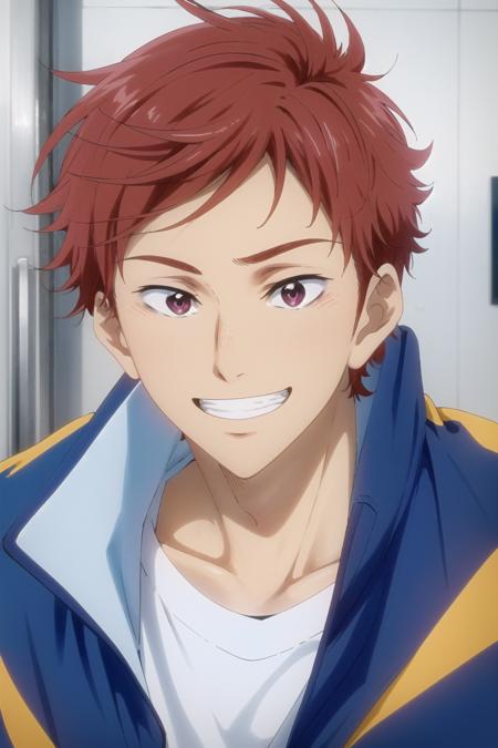 shiina asahi\(free!\), solo, 1boy, looking at viewer, purple eyes,  red hair, male focus, grin, male face, two-tone  jacket, blue jacket, white jacket, red shirt