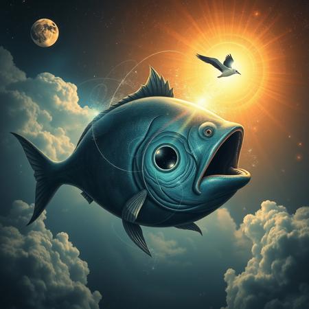 score_9, score_8_up, score_7_up, a cosmic fish with a black hole in its mouth that sucks in light hunting a bird flying in the sky