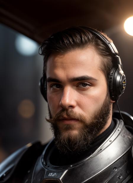 RAW Photo, DSLR, professional color graded, BREAK close up Portrait photo of big bearded guy wearing headphones, in a (worn scifi mech suit), (big beard), ((light bokeh)), intricate, (steel metal [rust]), elegant, sharp focus, soft lighting, vibrant colors, masterpiece, ((streets)), detailed face