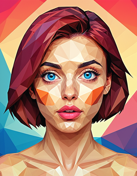 polygon style, low-poly animal, angular shape,
geometric womans face,
model face, pretty,
wet dark red hair,
head tilt, blue eyes,
large eyes, puffy lips, small nose, blush, small jawline, 
clean polygon edges, symmetrical design, digital art,
<lora:Polygon_Lora_XL:1>
background polygonal sunset, bright colors, tan