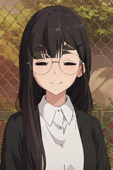 best quality, masterpiece, highres, solo, {toba_minami_yurucamp:1.15}, long_hair, bangs, closed_eyes, glasses, thick_eyebrows, black_hair, brown_hair, smile, closed_mouth, 1girl, collared_shirt, fence, outdoors, shirt, black_shirt, chain-link_fence, facing_viewer, sweatdrop