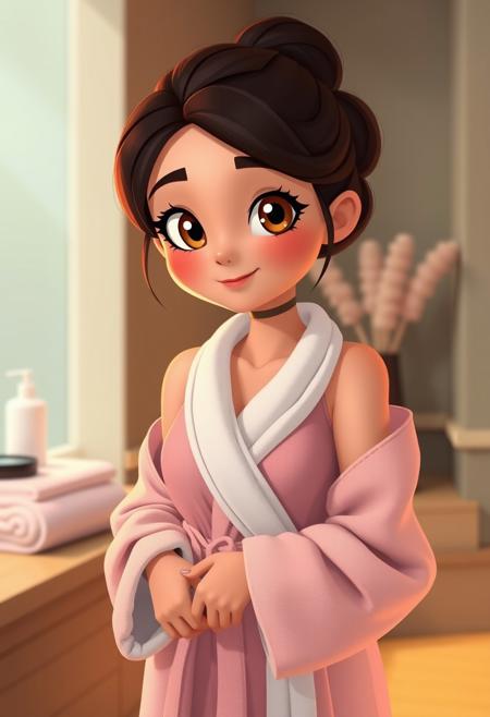 (semi-realistic disney cartoon, volumetric lighting:1.1), cute woman,in spa,wearing bathrobe,petite,pulling own clothes, perfect eyes,perfect hands,