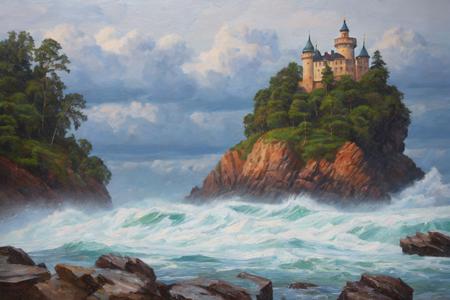 <lora:Zaxarovobv:0.65>
zaxarovob, a painting of a rocky beach, grand waves crashing on it and a thunder in the background, a castle on the hill, extremely detailed oil painting, volumetric light, 16k, artstation