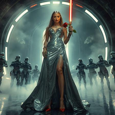 slender arrogant cold femme fatal russian princess wearing  rich  full skirt glossy silver foil  high slit gown, small size opulent glossy red  high heels, jewels, lace top stockings, elegant small light saber in her right hand,  red rose in her left hand, her lifted  long skirts are waiving, covered with ultrathin slime long veils,  posing standing, view from below,  evil grin, green eyes, lipstick, giant portal to outer space, fog from the floor, empire spaceship hangar, surrounded by halo odst troopers, TIE spaceships at the background, fashion look, hollywood, vogue makeup, porcelain skin, long haired, ultrathin waisym reminiscent of Lucas, Spielberg styles, with close-up glamour photography and dramatic lighting view from below,
